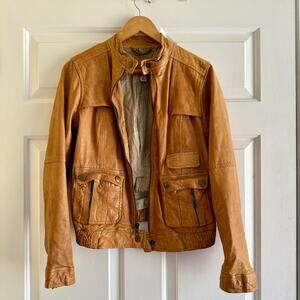 Vintage Banana Republic Genuine Leather Tan Bomber Moto Jacket Size Medium Soft‎